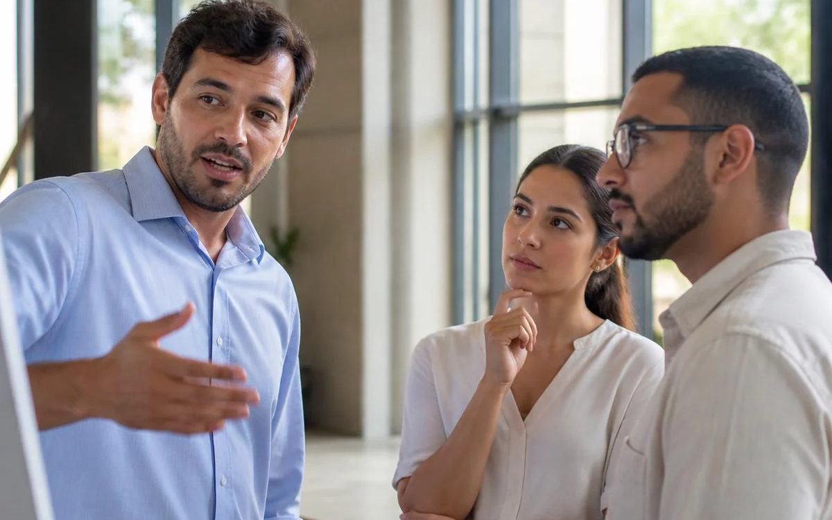 Roda de conversa numa sala clara, com uma pessoa expondo o ponto e duas escutando