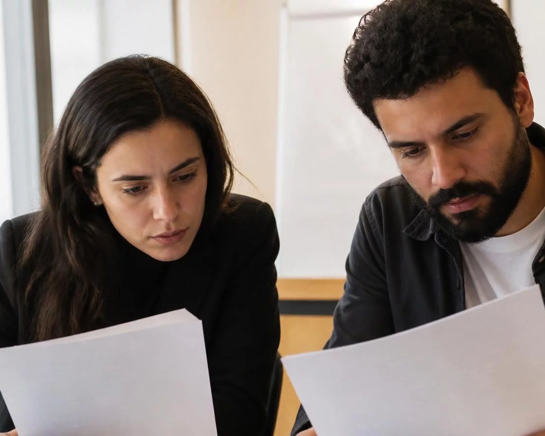 Dupla discute em pé entre as estantes de uma biblioteca, cada um sustentando o seu ponto