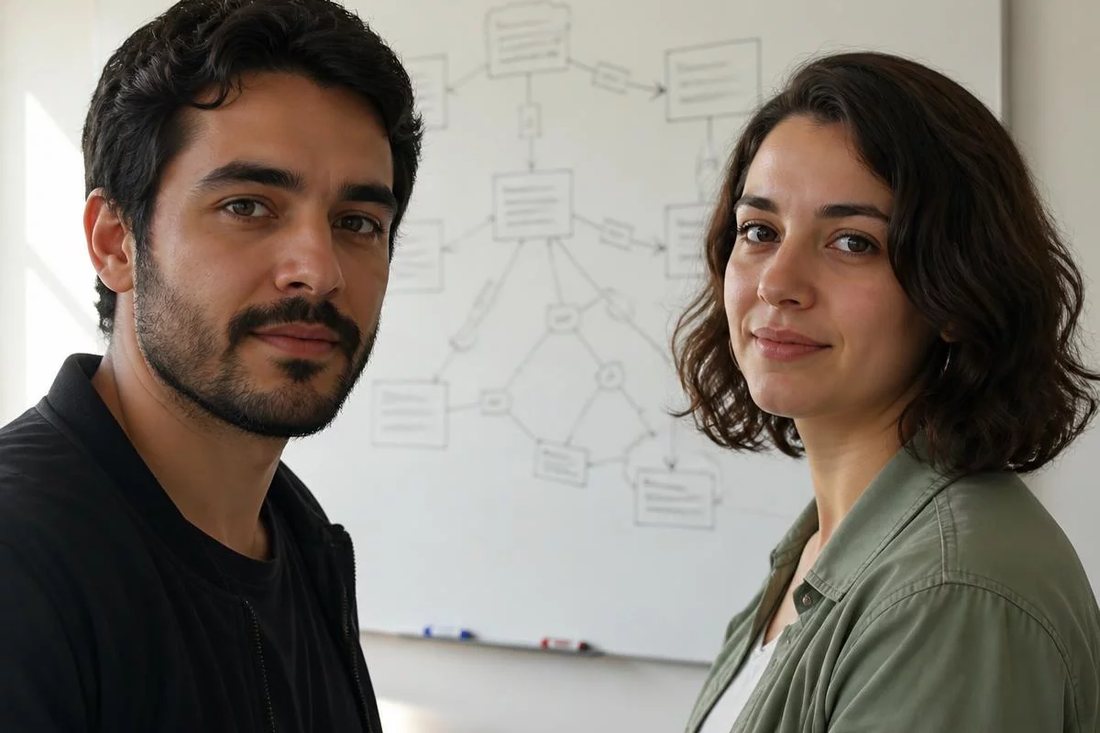 Facilitadora aponta para um mapa de argumento desenhado no quadro branco enquanto um participante acompanha